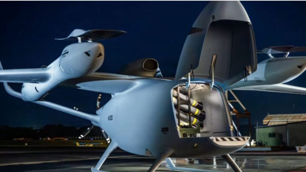 A military cargo drone with an open nose bay showing stacked supplies, illustrating autonomous logistics in military operations at night.