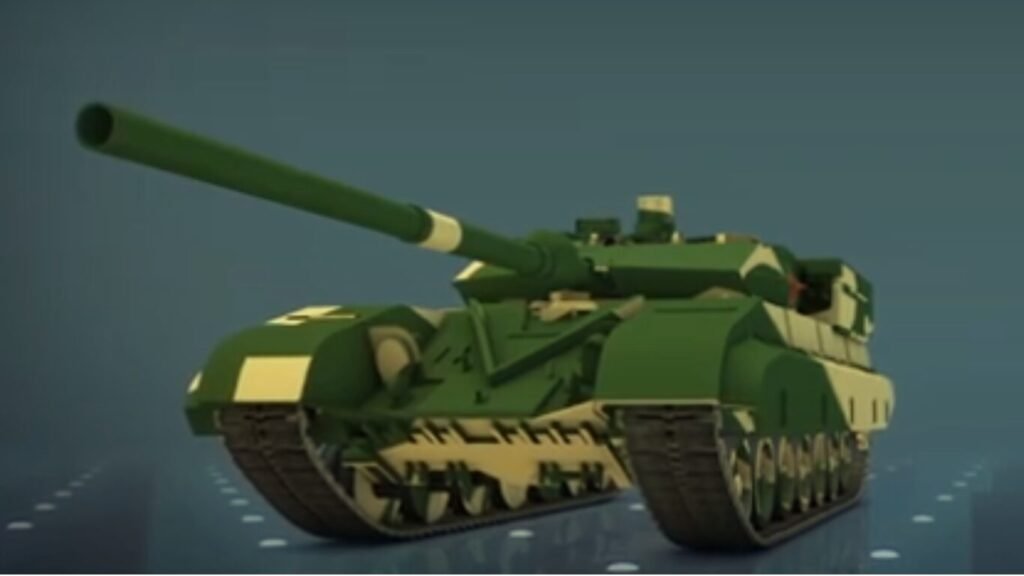 A 3D model of a main battle tank with green and beige camouflage patterns parked on a glossy dark floor, representing vehicle development for Autonomous Tank Platoons.