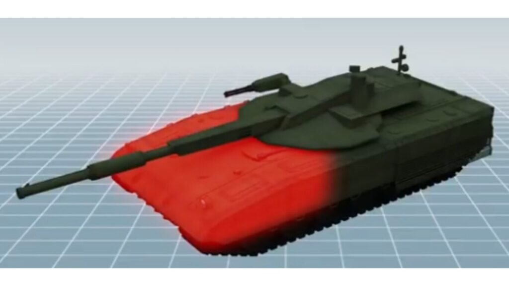 A 3D model of an armored main battle tank with its front section glowing bright red on a digital grid, illustrating technology for Autonomous Tank Platoons.