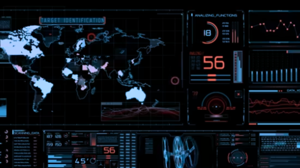 A digital command center interface displaying a world map and data visualization panels optimized for tracking Battlefield Robot Cybersecurity metrics.