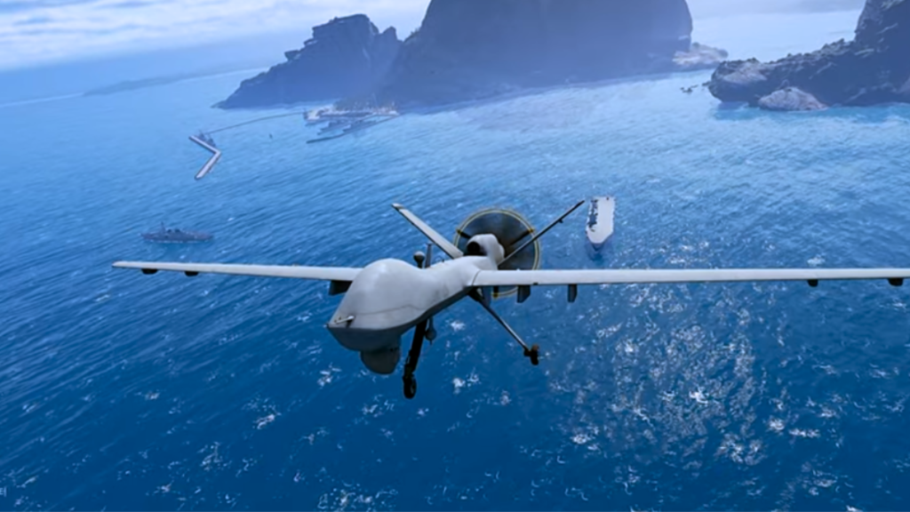 A military drone flying over a blue ocean bay toward navy ships, demonstrating Centaur Warfare MUM-T operations between autonomous aircraft and crewed vessels.
