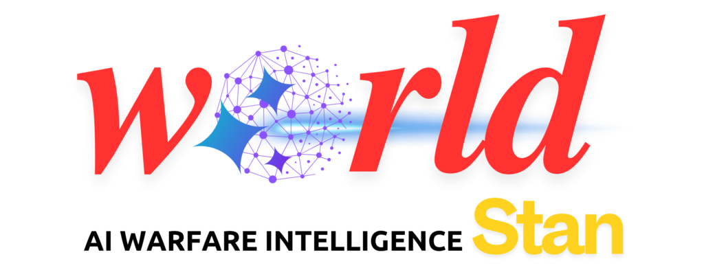 Worldstan logo featuring stylized red “World” text with a digital AI network globe integrated into the letter design, a blue motion streak symbolizing speed and intelligence, and “Stan” in bold yellow, representing innovation in AI warfare and cyber intelligence.
