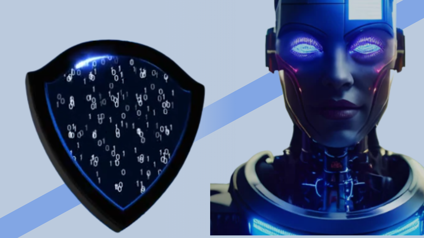 Futuristic humanoid robot with glowing eyes next to a digital security shield representing cyber security in robotics and protection against hacking threats