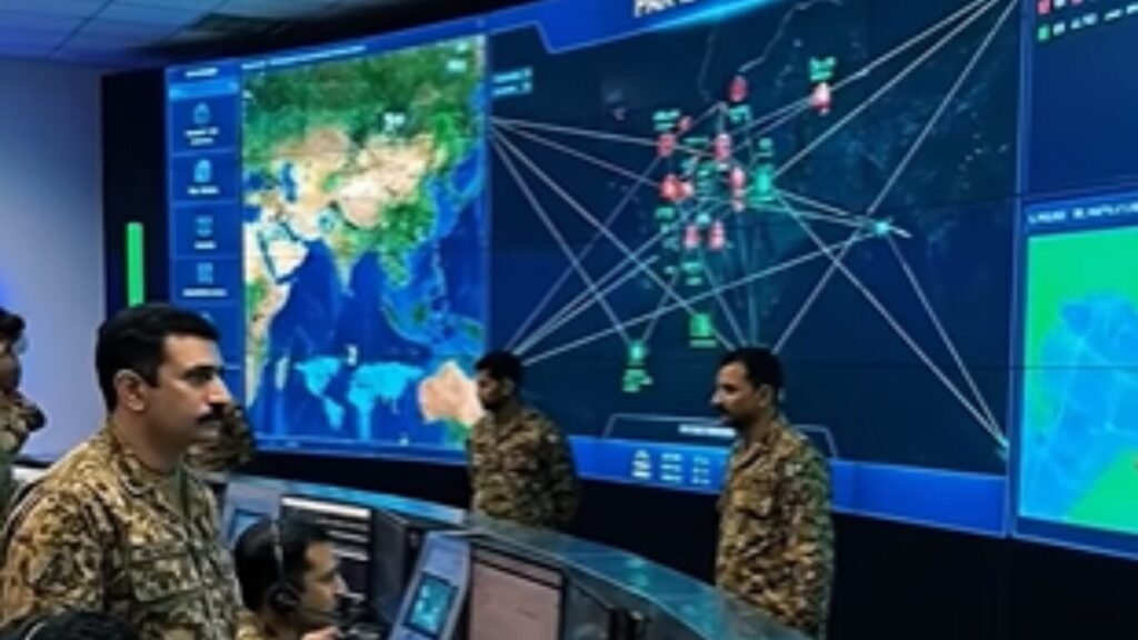 Military personnel in a modern command center monitoring a large video wall showing a global map and tactical network diagrams.