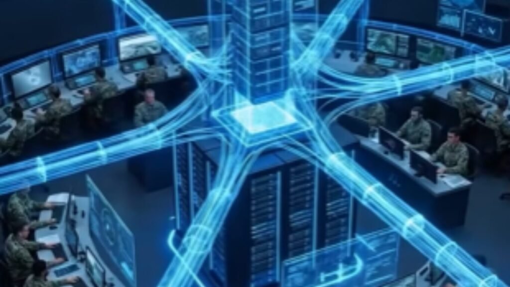 Military operators at workstations in a command center with a central server tower wrapped in a glowing blue digital data graphics overlay.