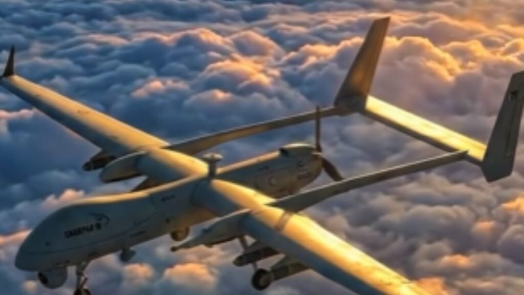 An aerial view of a large military drone with twin-boom tail stabilizers cruising above a thick layer of clouds illuminated by sunset light.