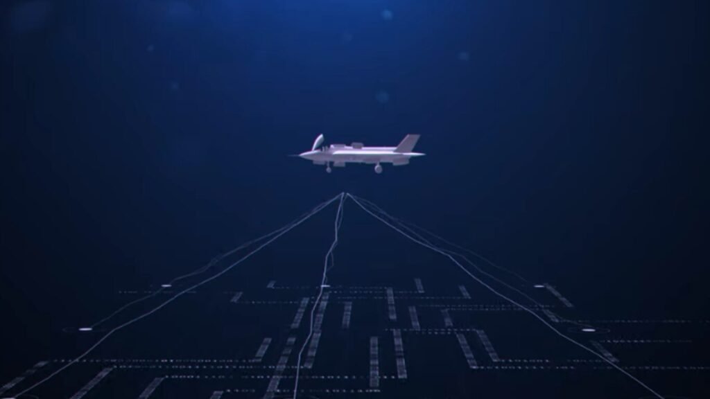 A white fighter jet model connected by glowing data lines to a digital matrix floor, representing Edge Computing in Autonomous Weapons.