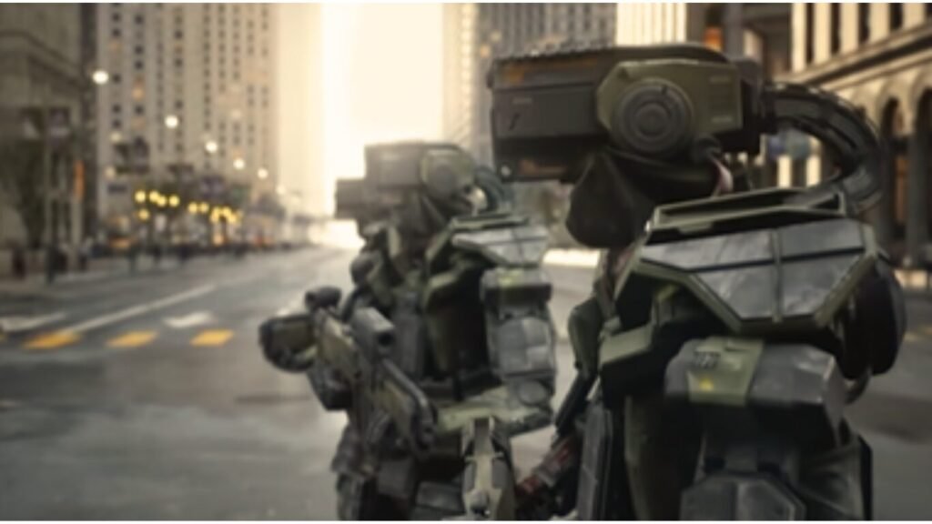 Two heavily armored futuristic robotic soldiers patrolling a deserted city street, highlighting the dystopian visual concepts often debated within the Ethics of Lethal Autonomous Weapons.