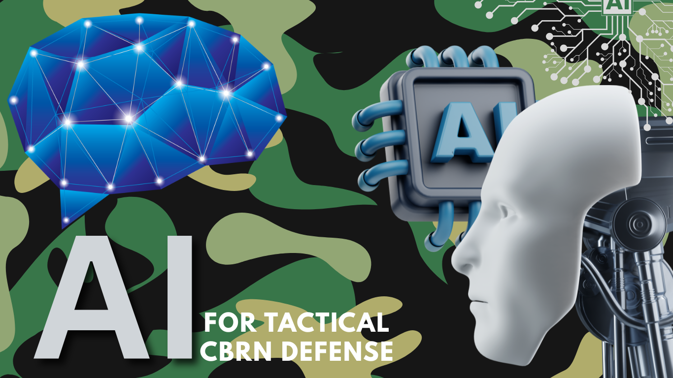Graphic illustration showing artificial intelligence for tactical CBRN defense, featuring a digital brain network, AI chip, and robotic human head against a camouflage background.