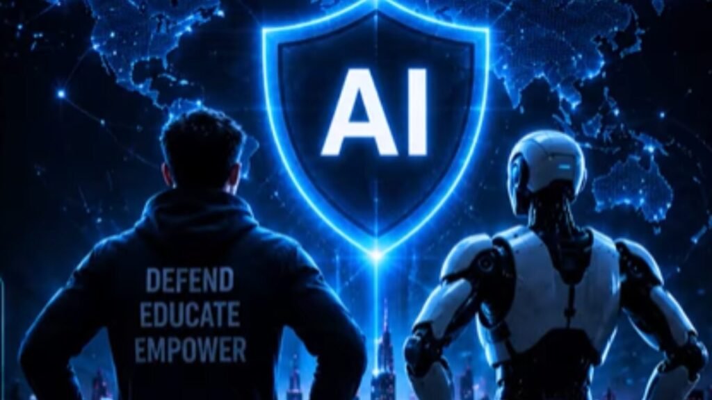 A person wearing a hoodie with "DEFEND EDUCATE EMPOWER" and a humanoid robot looking at a glowing AI shield overlaying a world map, illustrating Hacktivism 2026.