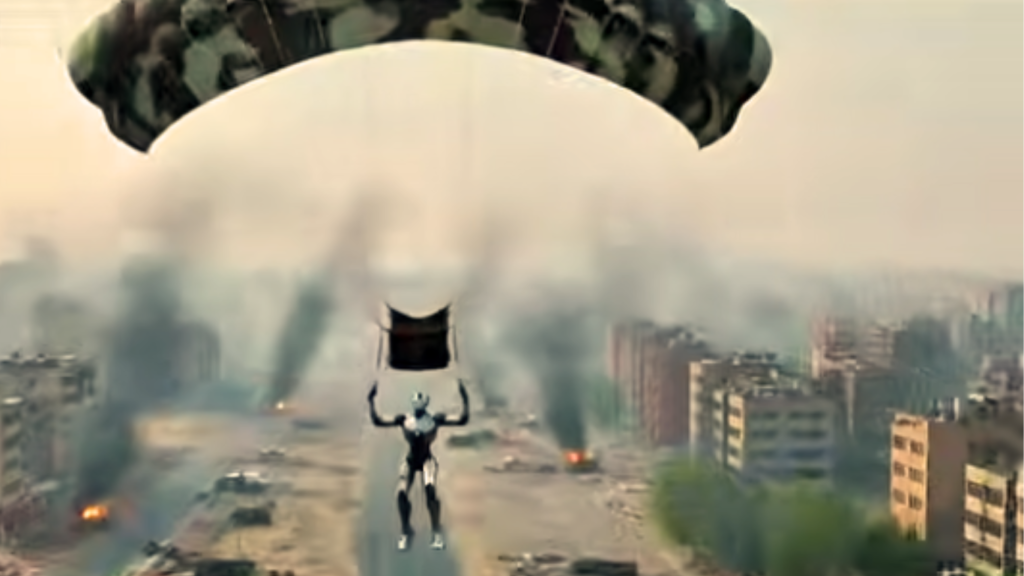 A stylized concept illustration depicting futuristic Humanoid Soldiers descending by parachute over a war-torn urban city street filled with smoke and fires.