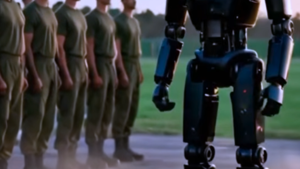 A futuristic black robotic figure representing Humanoid Soldiers standing in front of a line of military personnel in green uniforms on an outdoor assembly field.