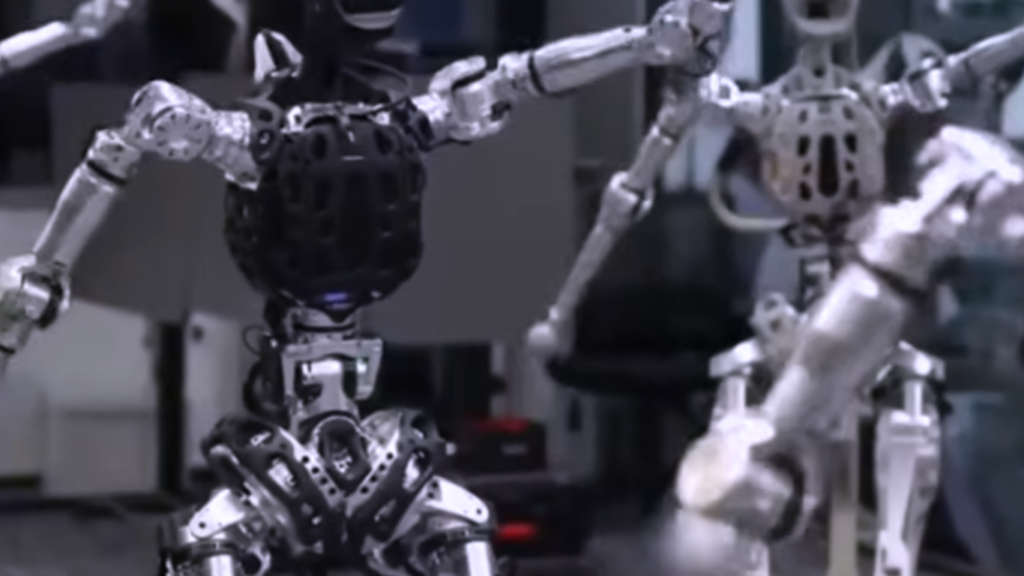 Advanced robotic endoskeletons with intricate metallic joints and structural frames, representing development prototypes for Humanoid Soldiers in a laboratory setting.