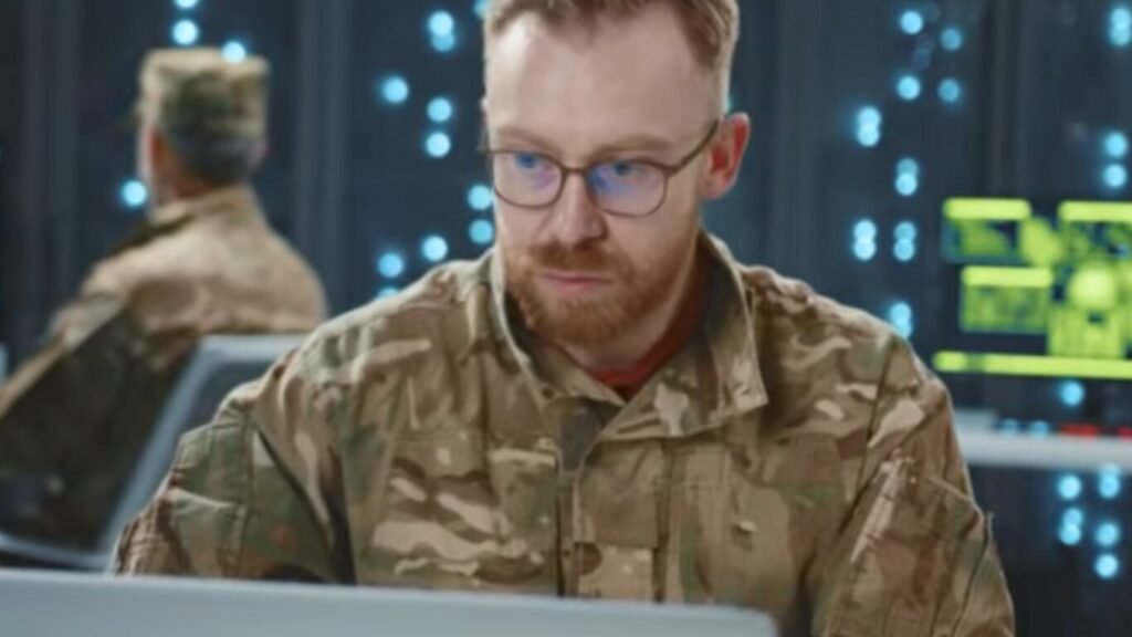 A military specialist with glasses and a red beard wearing camouflage uniform monitoring computer systems, focused on defending against Iran Israel Cyber Warfare.