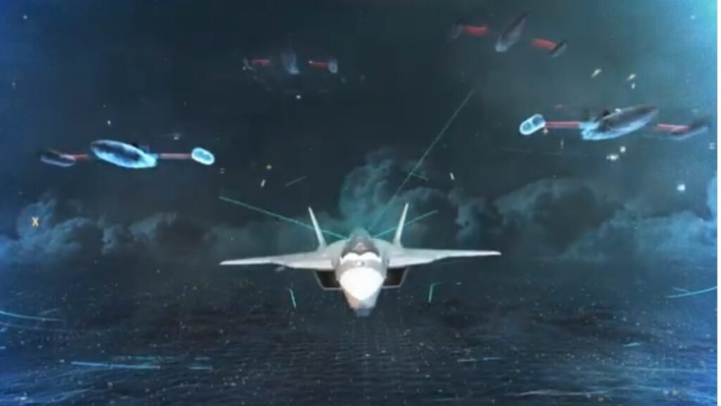 A modern fighter jet flying at night surrounded by a swarm of collaborative drones, illustrating the concept of Manned Unmanned Teaming.
