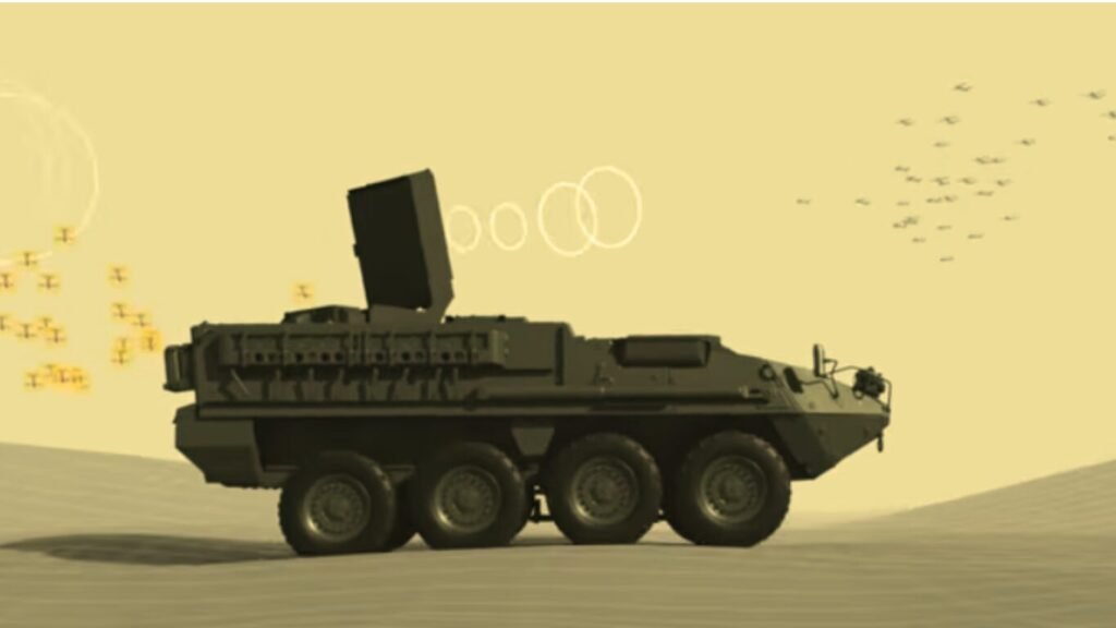 An armored vehicle deploying radar and electronic defense waves against a swarm of drones, demonstrating Advanced Counter UAS Technologies Neutralization Methods Used Against Hostile Drones.