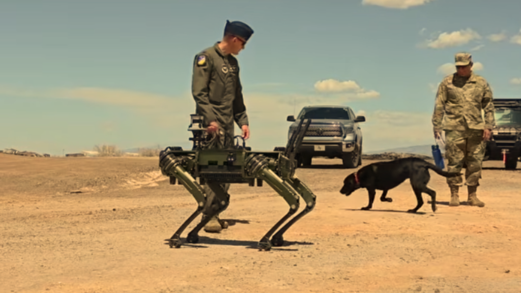 A military officer interacting with a mechanical quadrupedal robot next to a real black dog and a soldier in uniform, demonstrating the integration of Q-UGVs in Urban Warfare training protocols.