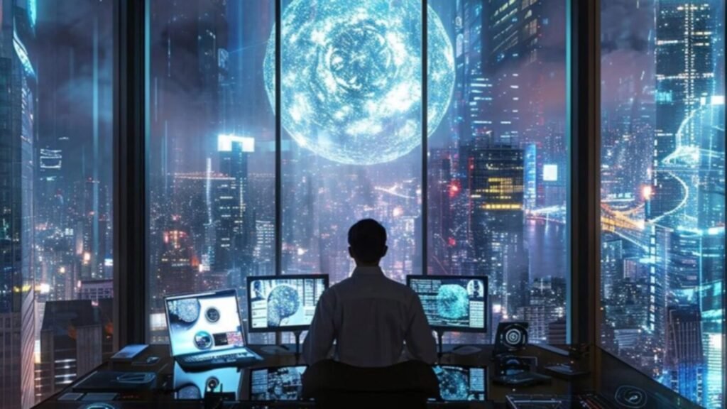 An operator sitting at a multi-monitor workstation overlooking a futuristic city skyline dominated by a glowing digital sphere, representing Quantum Hacking.