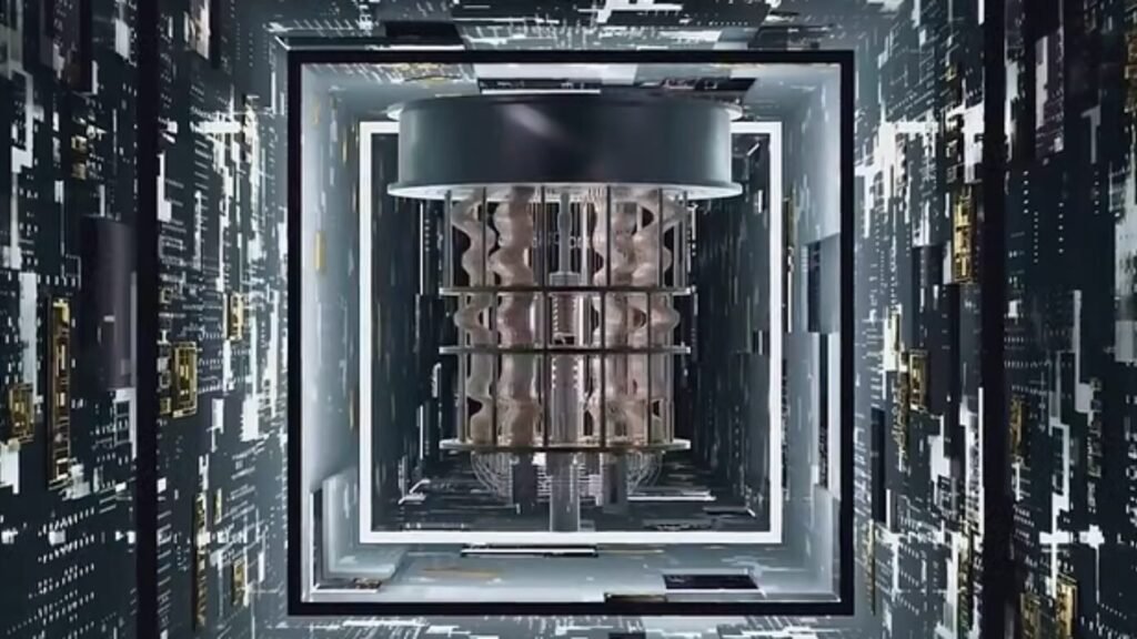 An abstract digital rendering of a central processing core resembling a quantum computer surrounded by complex circuitry, illustrating Quantum Hacking.