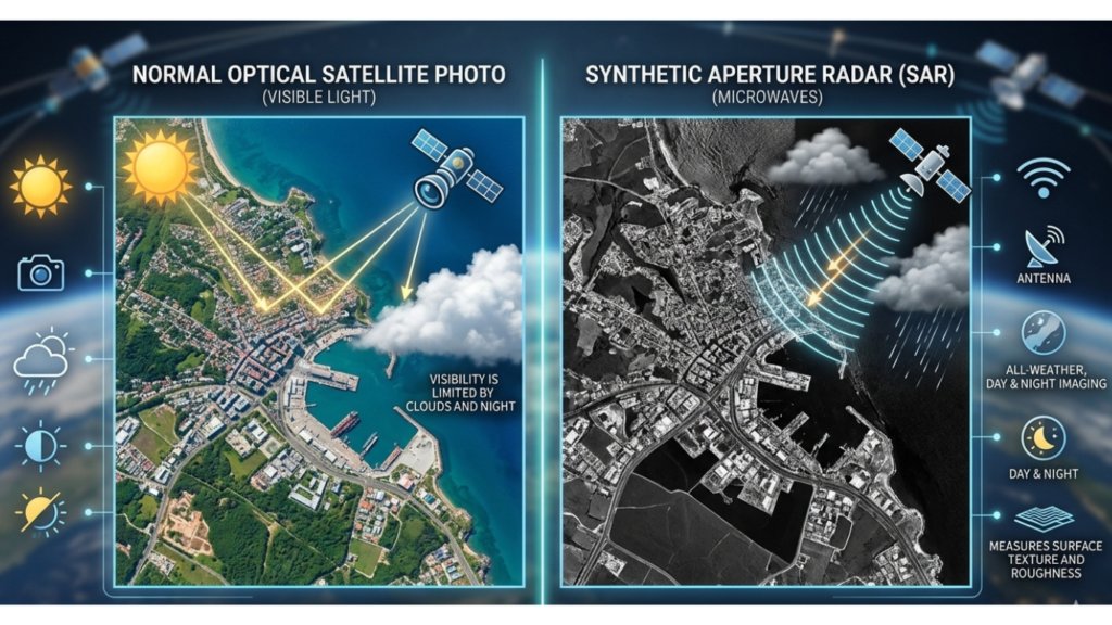 An educational infographic showing why SAR Images Different From Normal Satellite Photos by comparing a colorful visible light photo blocked by clouds on the left with a black-and-white microwave radar scan piercing through storm clouds on the right.