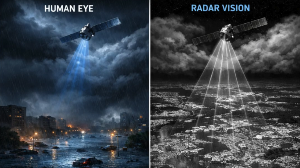 A side-by-side comparison illustrating SAR Versus Traditional Optical Imaging during a night storm, showing a darkened city obscured by rain on the left and a clear, high-contrast radar scan of the ground on the right.