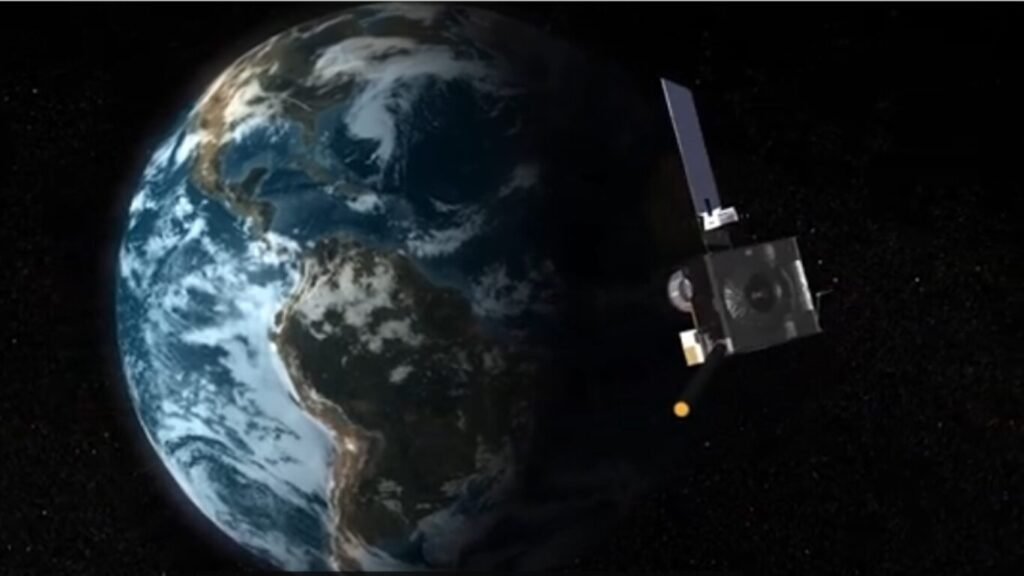 Digital rendering of a communications satellite orbiting planet Earth in deep space, illustrating the threat of Satellite Hacking.