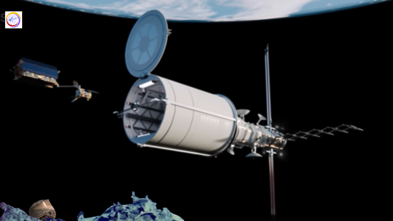 Space station-like structure in orbit with satellites and debris floating around Earth.