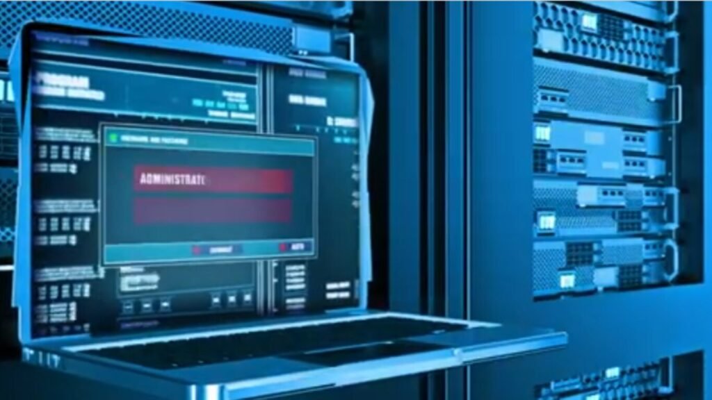 A crash cart laptop console inside a server room displaying an administrative alert window, illustrating network breaches by State-Sponsored Hacking Groups.