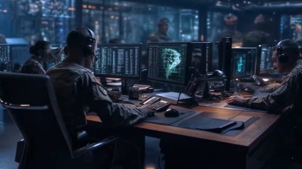 Military cyber operators in camouflage uniforms monitoring data screens inside a modern tactical control center, demonstrating the implementation of the US Cyber Command Strategy 2026.