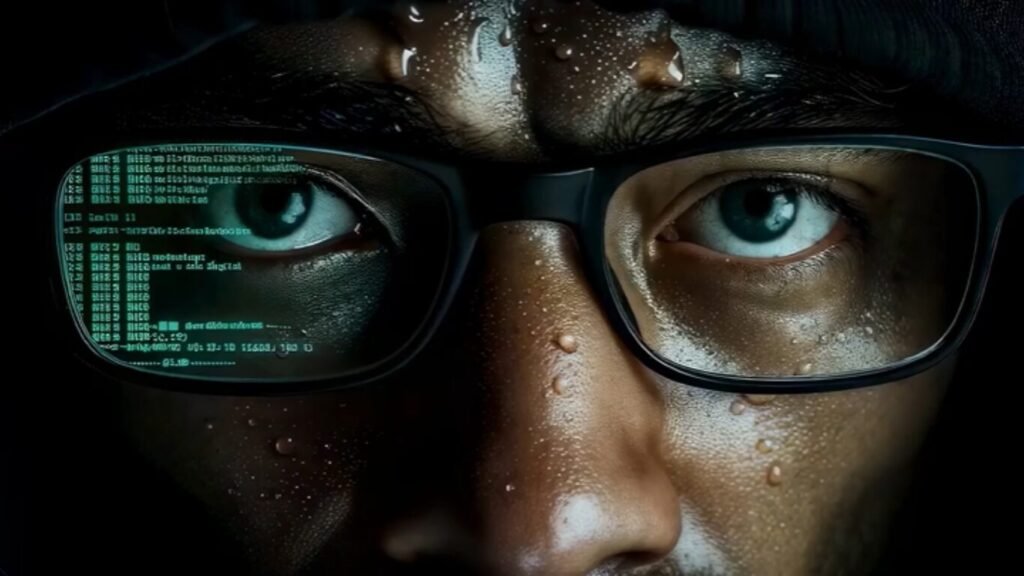 Extreme close-up of a person's eyes wearing glasses with green computer code reflected in the lenses, illustrating an operator working under the US Cyber Command Strategy 2026.