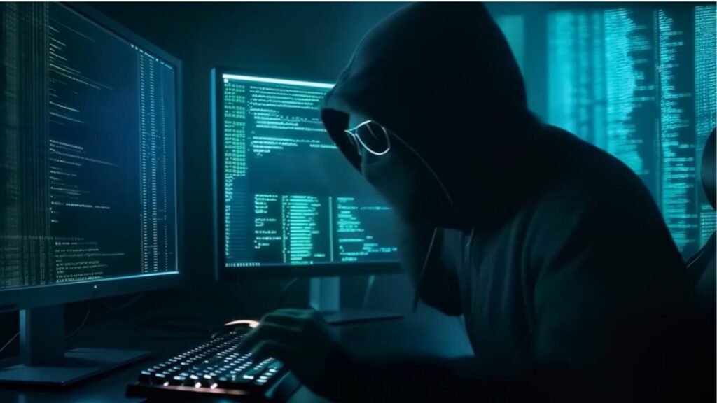 An anonymous individual wearing a dark hoodie and glasses typing on a keyboard in front of multiple computer monitors filled with green code, representing threats targeted by the US Cyber Command Strategy 2026.