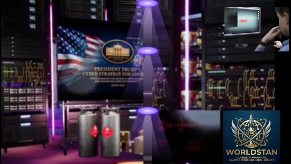 A military server room collage featuring the White House cyber strategy document, a monitoring specialist, and a Worldstan defense logo, showcasing elements of a US Cyber Command Strategy.