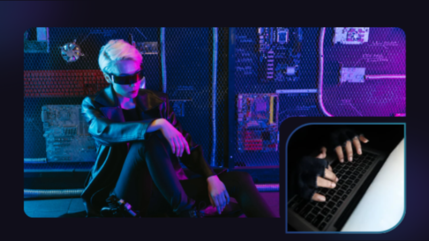 Person in dark clothing and sunglasses sitting in a neon-lit tech environment, with an inset image of hands typing on a laptop keyboard, representing cyber hacking activity.