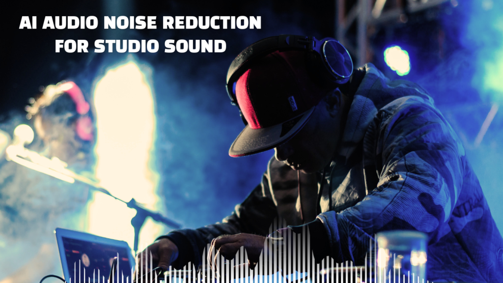 A DJ wearing a cap and large headphones mixing music at a turntable setup in a smoky venue with bright stage lights, featuring an digital audio waveform overlay and a text header labeled AI audio noise reduction for studio sound.