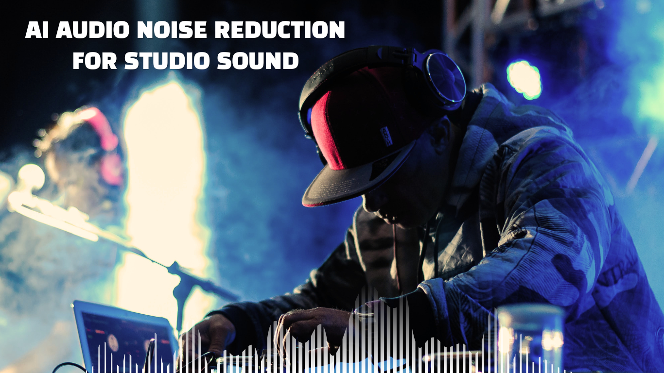 A DJ wearing a cap and large headphones mixing music at a turntable setup in a smoky venue with bright stage lights, featuring an digital audio waveform overlay and a text header labeled AI audio noise reduction for studio sound.