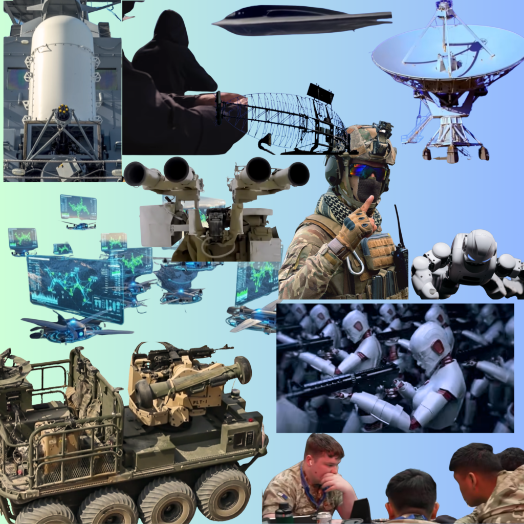 Collage of modern military technology including radars, drones, missile systems, a soldier in combat gear, autonomous robots, and digital command interfaces.