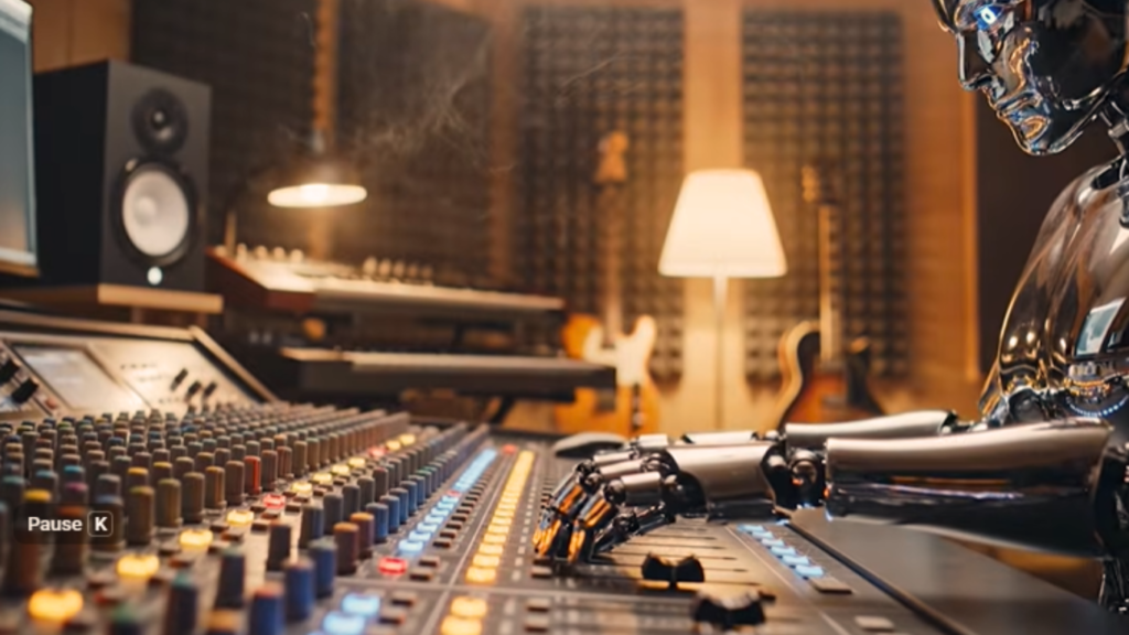 A futuristic sound mixing studio showcasing AI Music Production, featuring a glossy metallic chrome robot operating a large mixing console with its hands on the faders while glowing blue eyes focus on the mixing board.