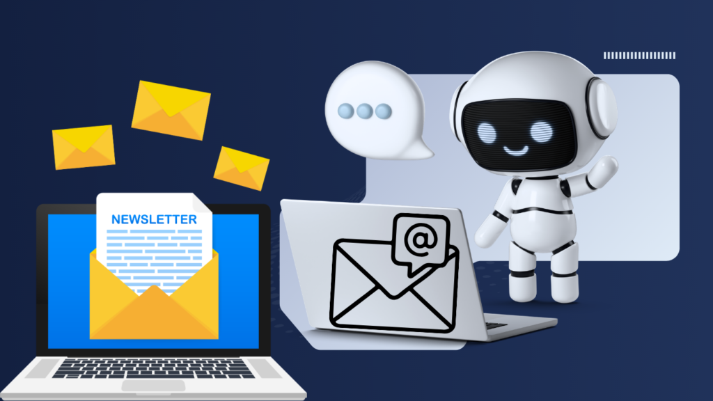 A digital graphic illustrating an AI assistant robot operating a laptop with an email icon on the screen, while a second laptop in the foreground displays a fake open newsletter envelope generating multiple floating yellow letters, symbolizing AI-powered email attacks.