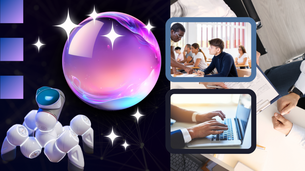 A futuristic tech graphic showing a multi-legged white robot and a glowing purple sphere on the left side, combined with two embedded corporate images on the right showing students learning and a professional typing on a laptop, symbolizing AI Prompting Skills training.