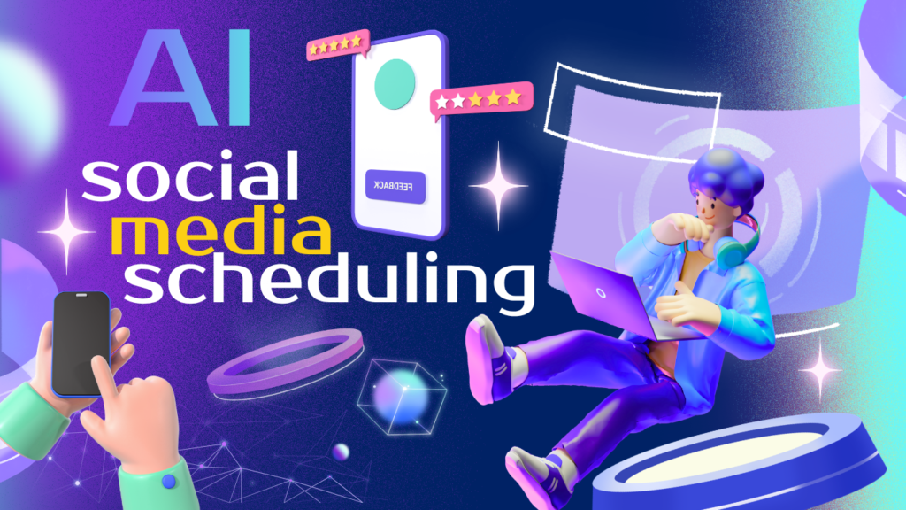 A vibrant 3D marketing graphic for AI Social Media Scheduling, featuring a purple-haired character working on a laptop, hands operating a smartphone on the lower left, and floating smartphone mockups with pink 5-star rating bars on a deep blue background.