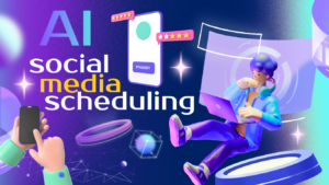 A vibrant 3D marketing graphic for AI Social Media Scheduling, featuring a purple-haired character working on a laptop, hands operating a smartphone on the lower left, and floating smartphone mockups with pink 5-star rating bars on a deep blue background.
