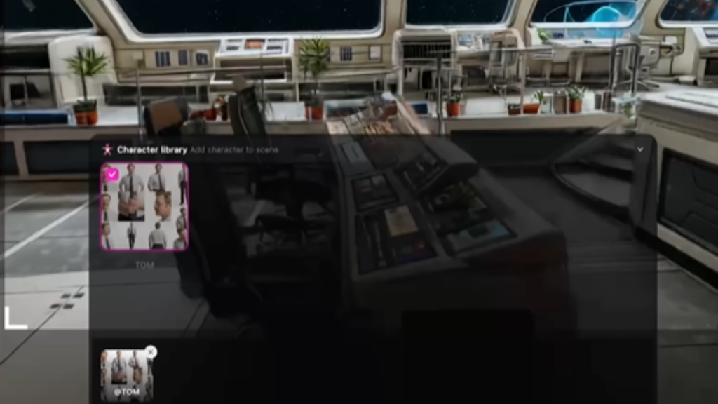 A user interface overlay for an AI cinematography platform showing a character library selection for a character named TOM, superimposed over a 3D digital environment of a futuristic spaceship bridge looking out into a star-filled space.