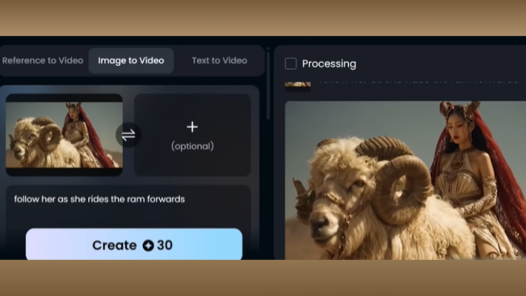 A split-screen view of an AI video generation interface showing a selected image of a woman riding a horned ram in the left input panel, with a motion text prompt below it, and the corresponding larger generated video player labeled Processing on the right side.