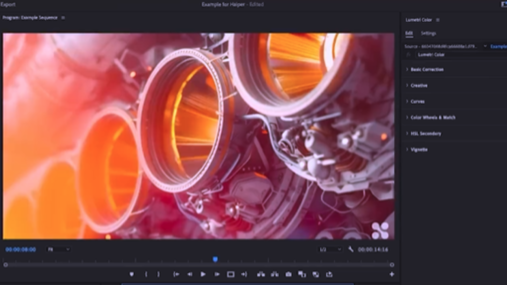 Close-up of glowing jet engine turbines in a video editing interface, showing cinematic color grading tools and timeline controls.
