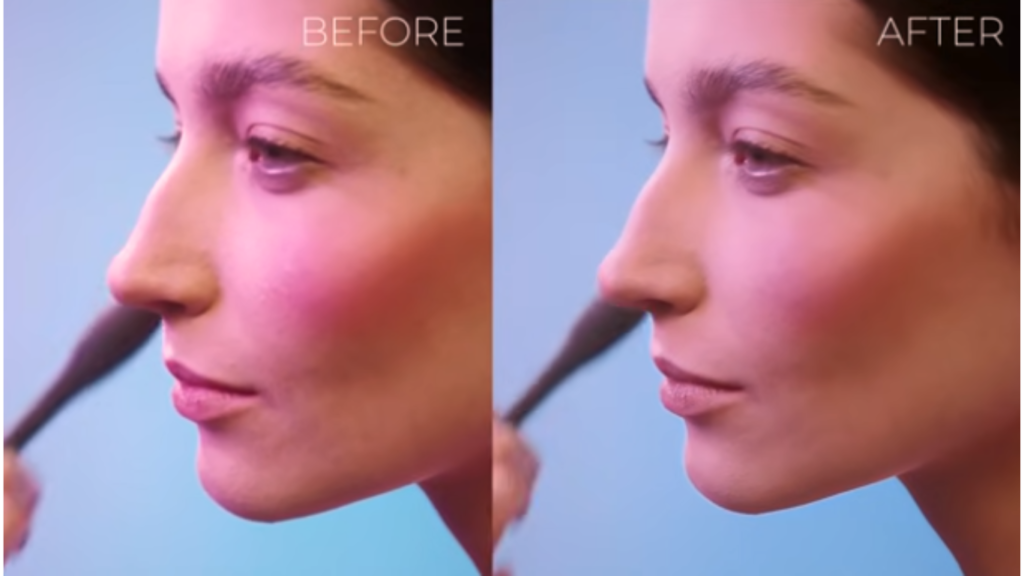 A side-by-side comparison graphic showing a profile view of a woman's face, with a softer blurrier image on the left labeled BEFORE and a significantly sharper clearer image on the right labeled AFTER, illustrating AI Video Upscaling 720p to 4K.