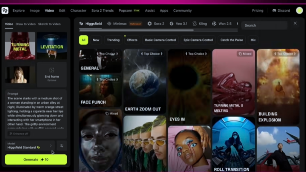A desktop screenshot of a generative video workspace layout highlighting AI Video for Social Media creation, with text prompt options on the left and a grid of trending visual templates like Earth Zoom Out and Building Explosion in the center.