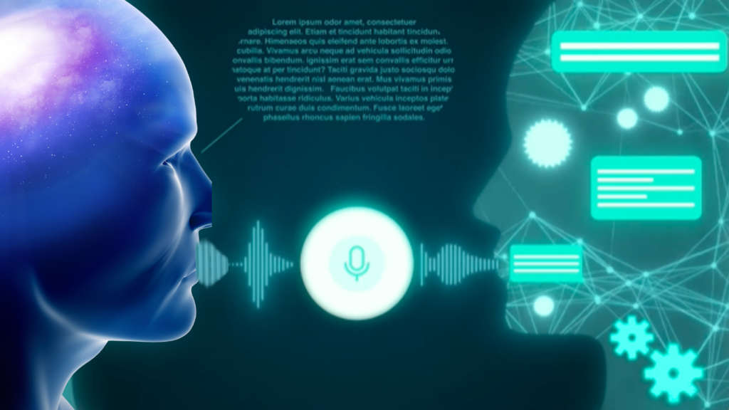 A conceptual graphic illustrating voice cloning ethics, showing a blue human head with a glowing galaxy brain on the left speaking into a microphone icon, while a digital profile made of neon network lines responds on the right with audio waveforms connecting them.