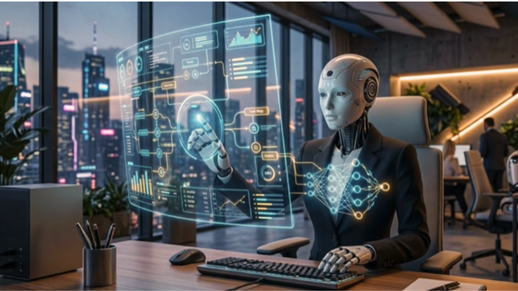 A futuristic office scene showing a sleek white humanoid robot wearing a black business suit, typing on a keyboard with its left hand while using its right hand to touch a large, glowing blue holographic data dashboard, representing the independent execution of agentic AI.