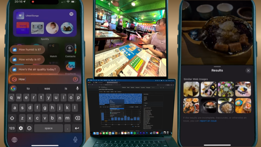 A dark teal smartphone on the left showing an on-screen keyboard with predictive text queries, a laptop in the center displaying a financial data dashboard, and a dark blue smartphone on the right showcasing a reverse visual image search panel labeled Similar Web Images under a dessert photo.