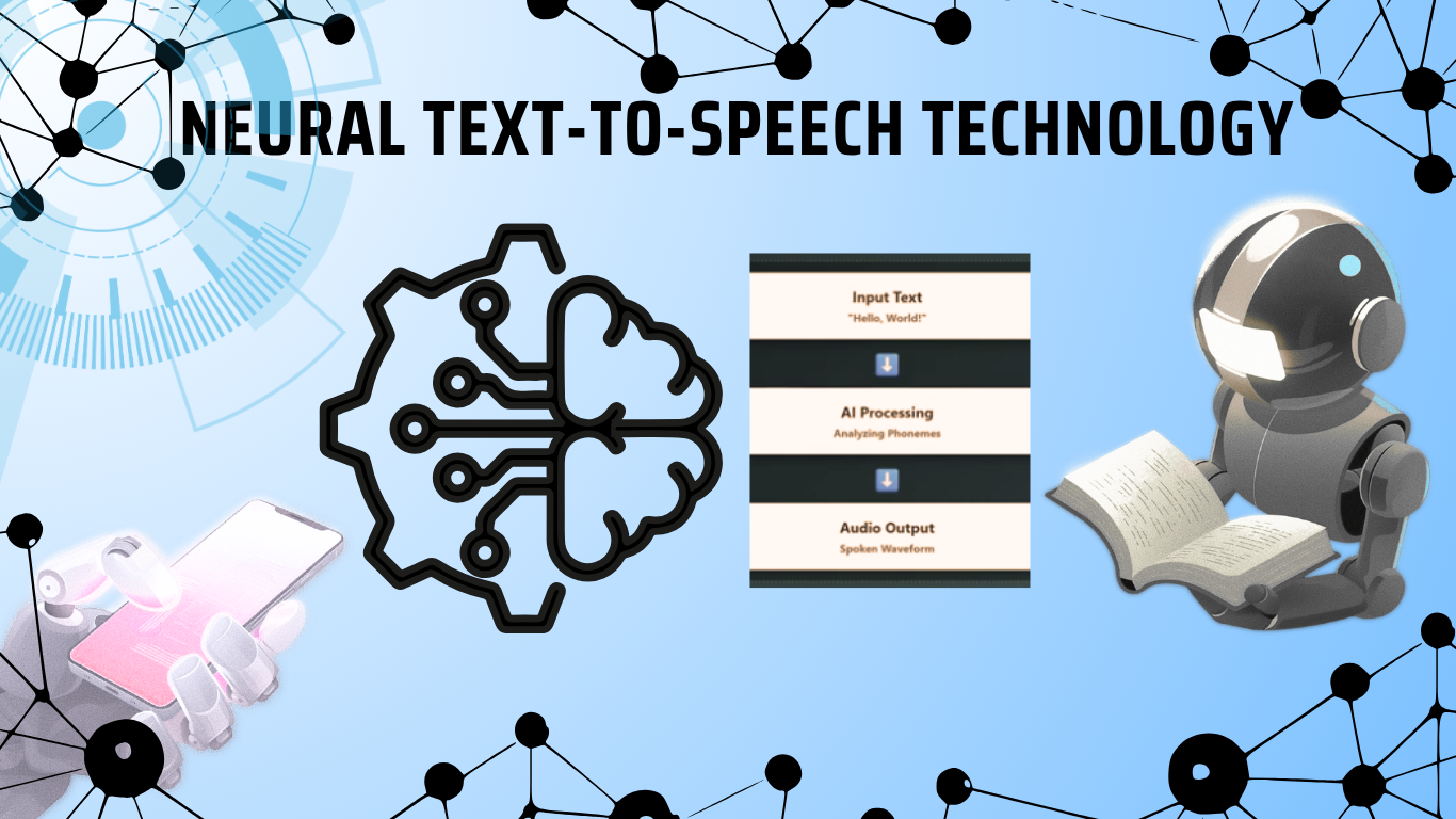 An educational graphic about Neural Text-to-Speech Technology, featuring a central gear-brain icon, a three-step processing flowchart, a robotic hand holding a glowing smartphone on the left, and a small robot reading an open book on the right.
